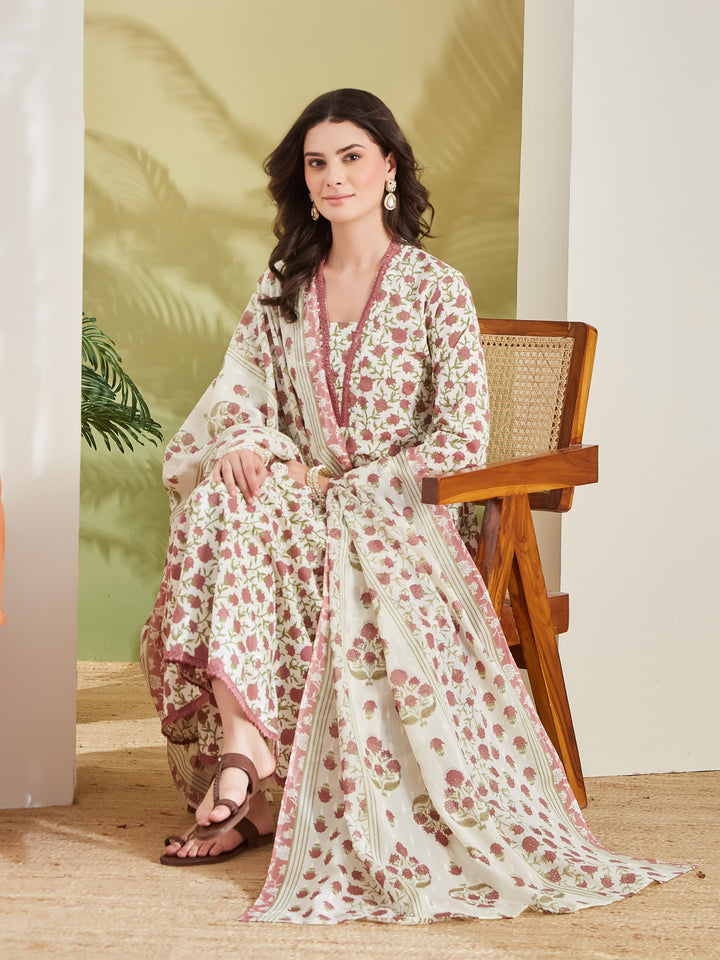 Divena Women Floral Printed Pure Cotton Cream Anarkali Kurta Set with Trousers & Dupatta