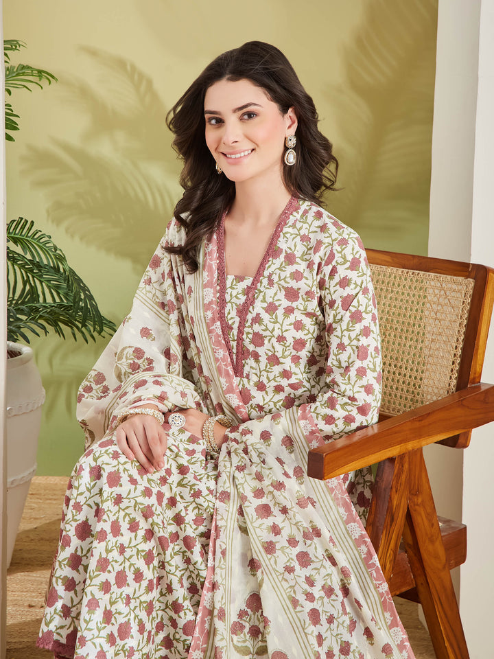 Divena Women Floral Printed Pure Cotton Cream Anarkali Kurta Set with Trousers & Dupatta