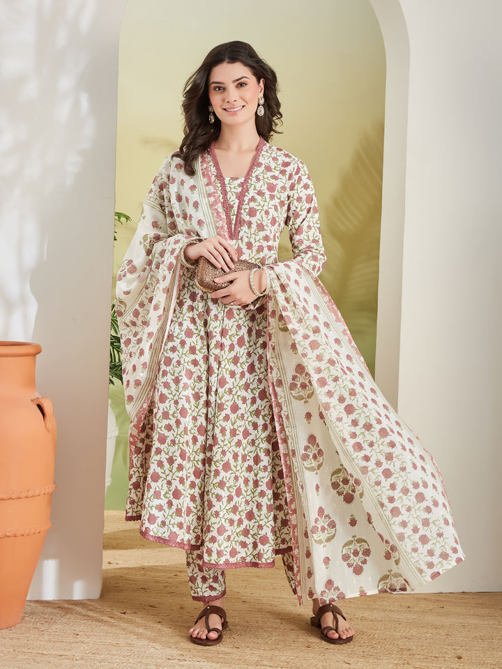 Divena Women Floral Printed Pure Cotton Cream Anarkali Kurta Set with Trousers & Dupatta