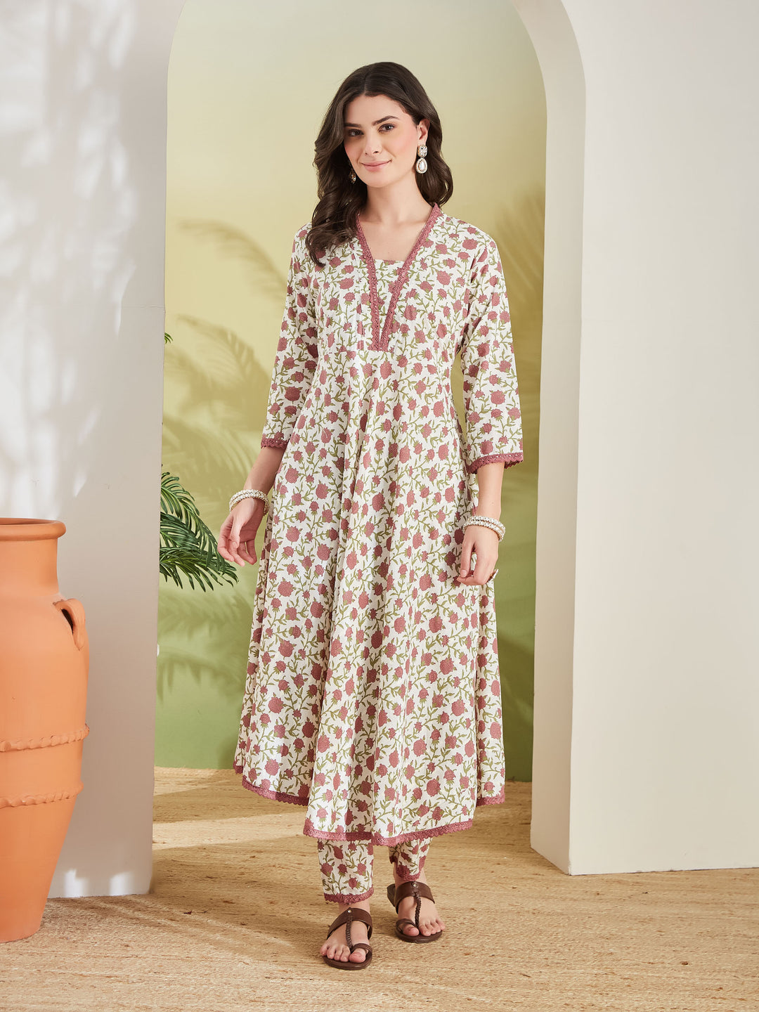 Divena Women Floral Printed Pure Cotton Cream Anarkali Kurta Set with Trousers & Dupatta
