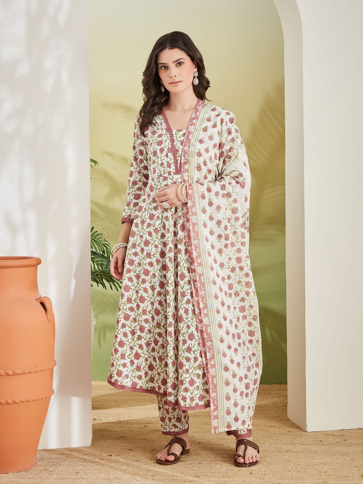 Divena Women Floral Printed Pure Cotton Cream Anarkali Kurta Set with Trousers & Dupatta