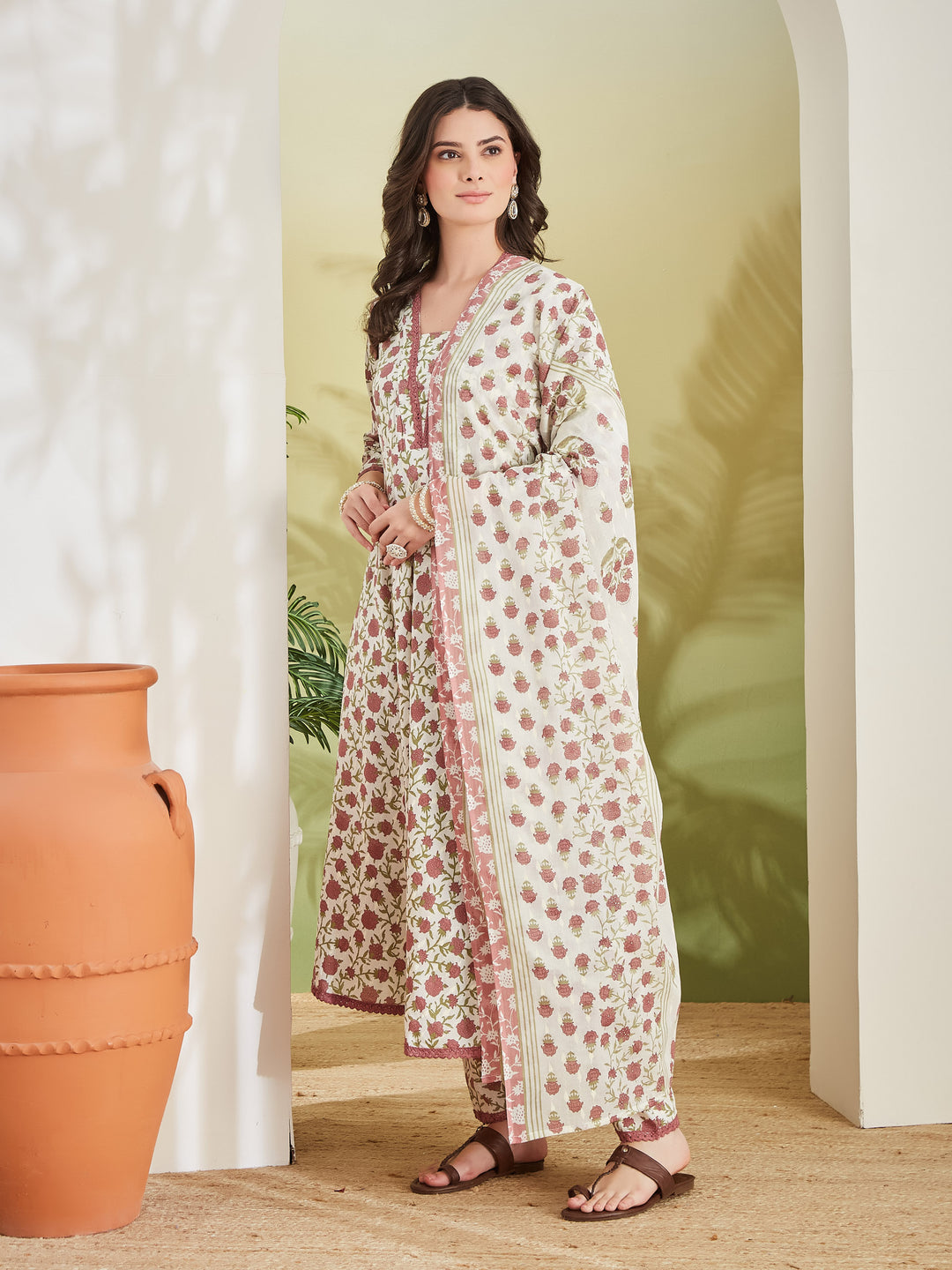 Divena Women Floral Printed Pure Cotton Cream Anarkali Kurta Set with Trousers & Dupatta