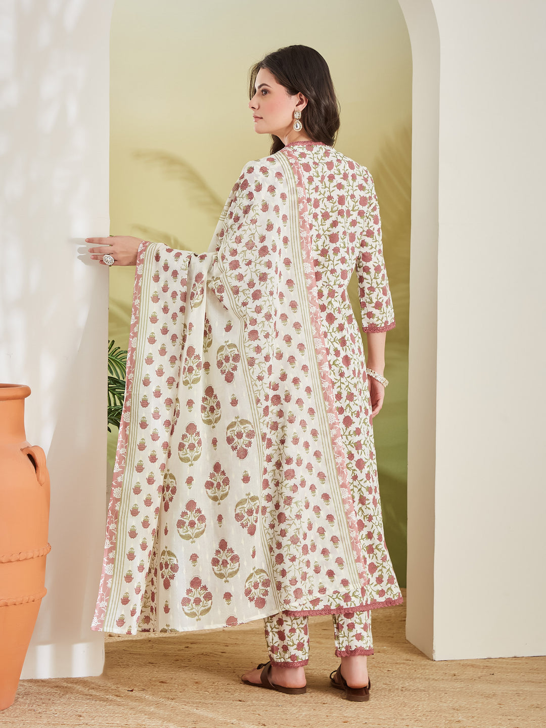 Divena Women Floral Printed Pure Cotton Cream Anarkali Kurta Set with Trousers & Dupatta