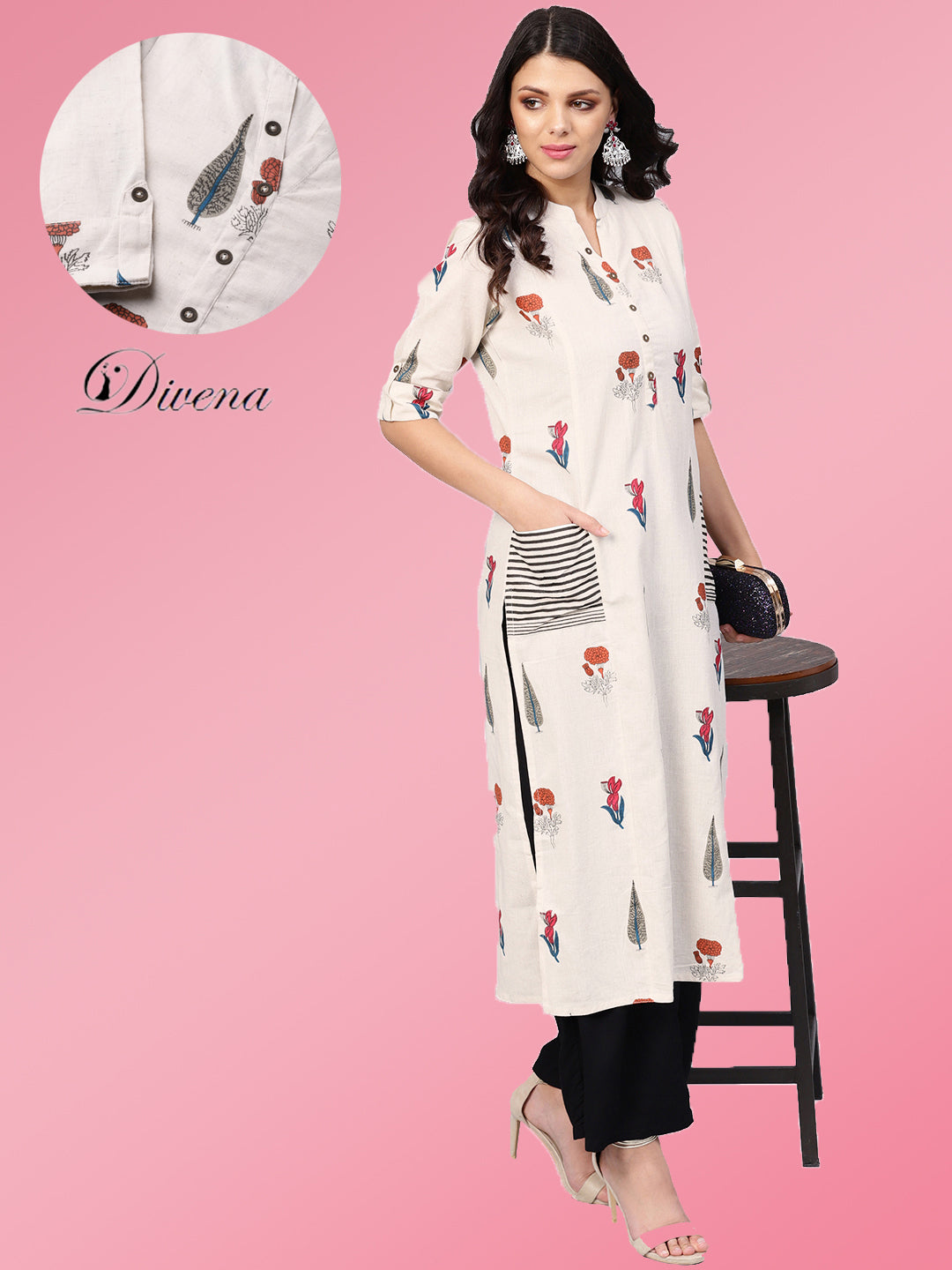 Divena Women's Off White Regular A-Line Calf Long Kurta