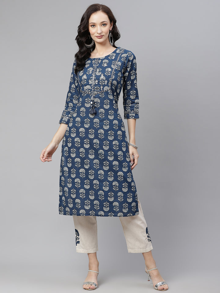 Divena Blue Floral A-Line Cotton Kurta Pant Sets