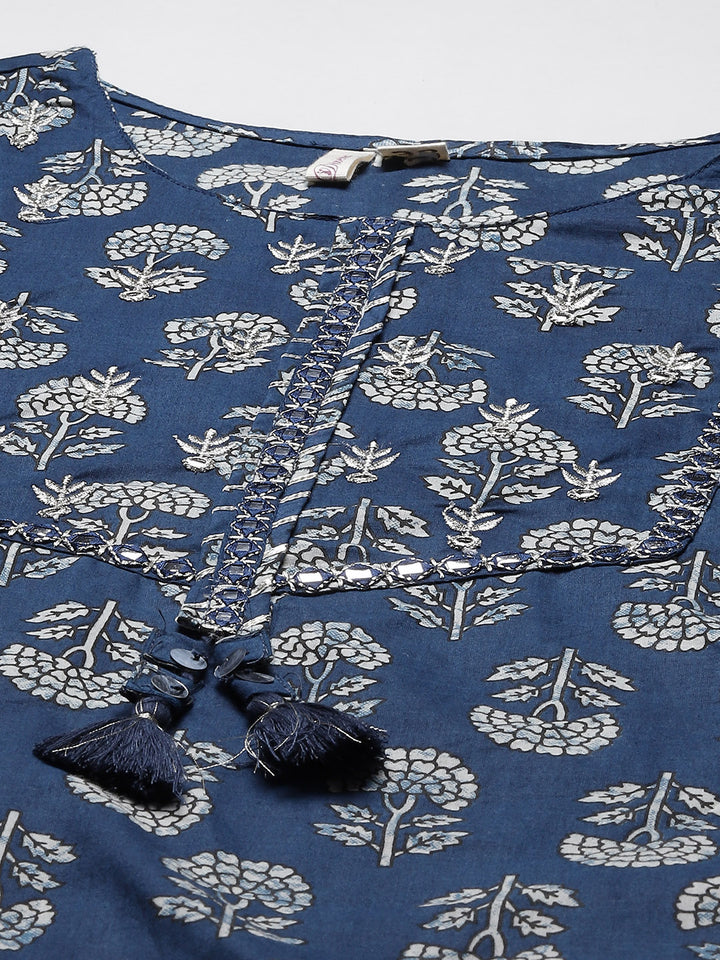 Divena Blue Floral A-Line Cotton Kurta Pant Sets