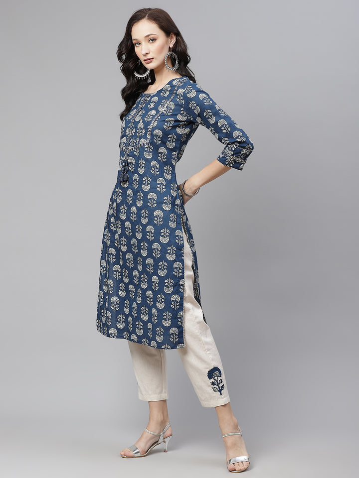 Divena Blue Floral A-Line Cotton Kurta Pant Sets