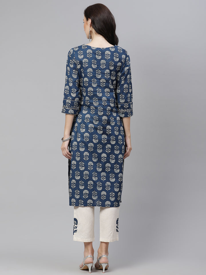 Divena Blue Floral A-Line Cotton Kurta Pant Sets