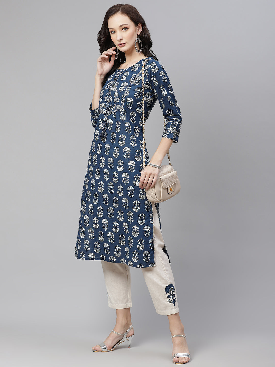 Divena Blue Floral A-Line Cotton Kurta Pant Sets