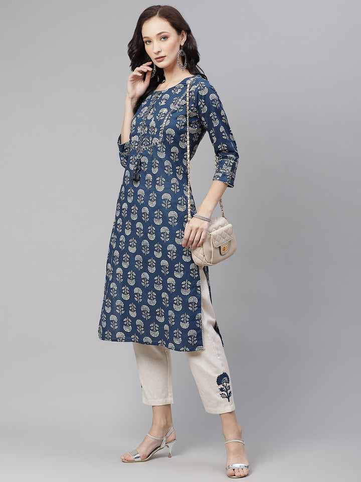 Divena Blue Floral A-Line Cotton Kurta Pant Sets