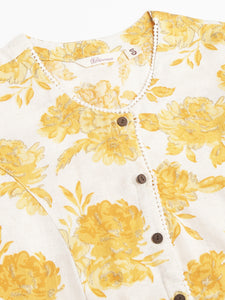 Divena Mustard Floral Printed A-Line Cotton Kurta
