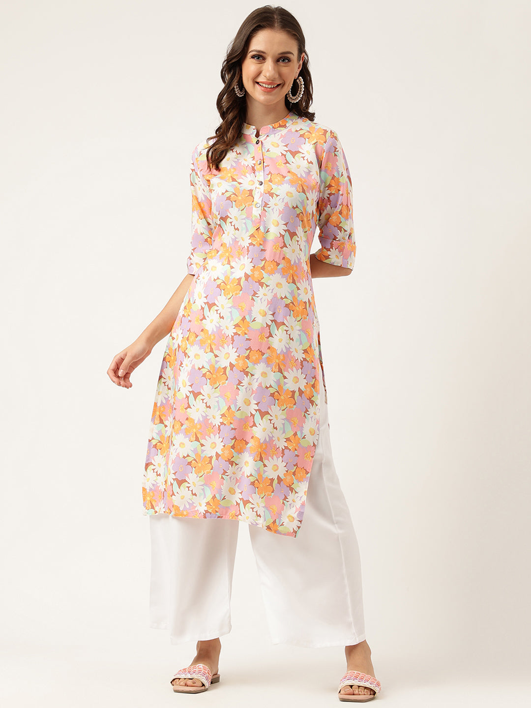 Multi Colored Floral Digital Printed Straight Half Sleeve Kurta — view 1