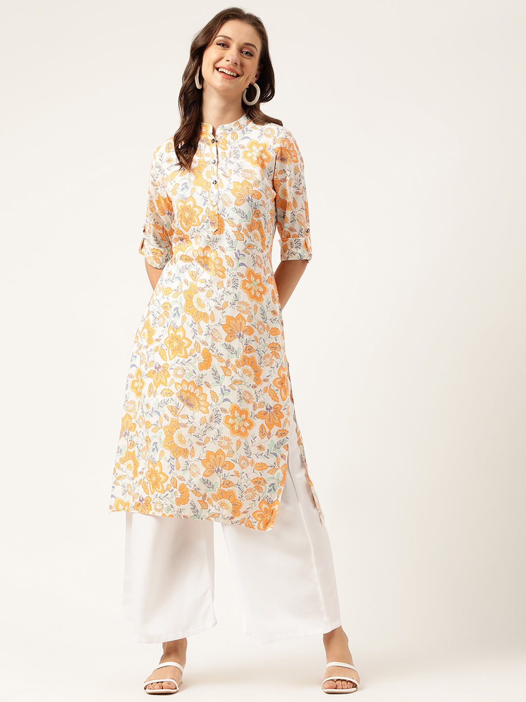 Multi Color Floral Digital Printed Straight Fold Sleeve Kurta — view 1