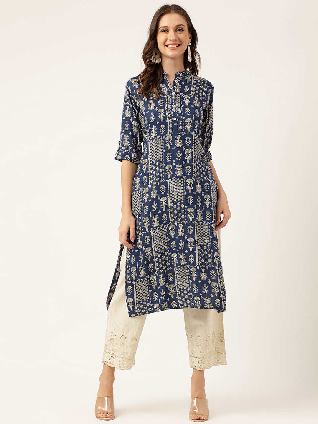 Navy Floral Digital Printed Straight Fold Sleeve Kurta — view 1