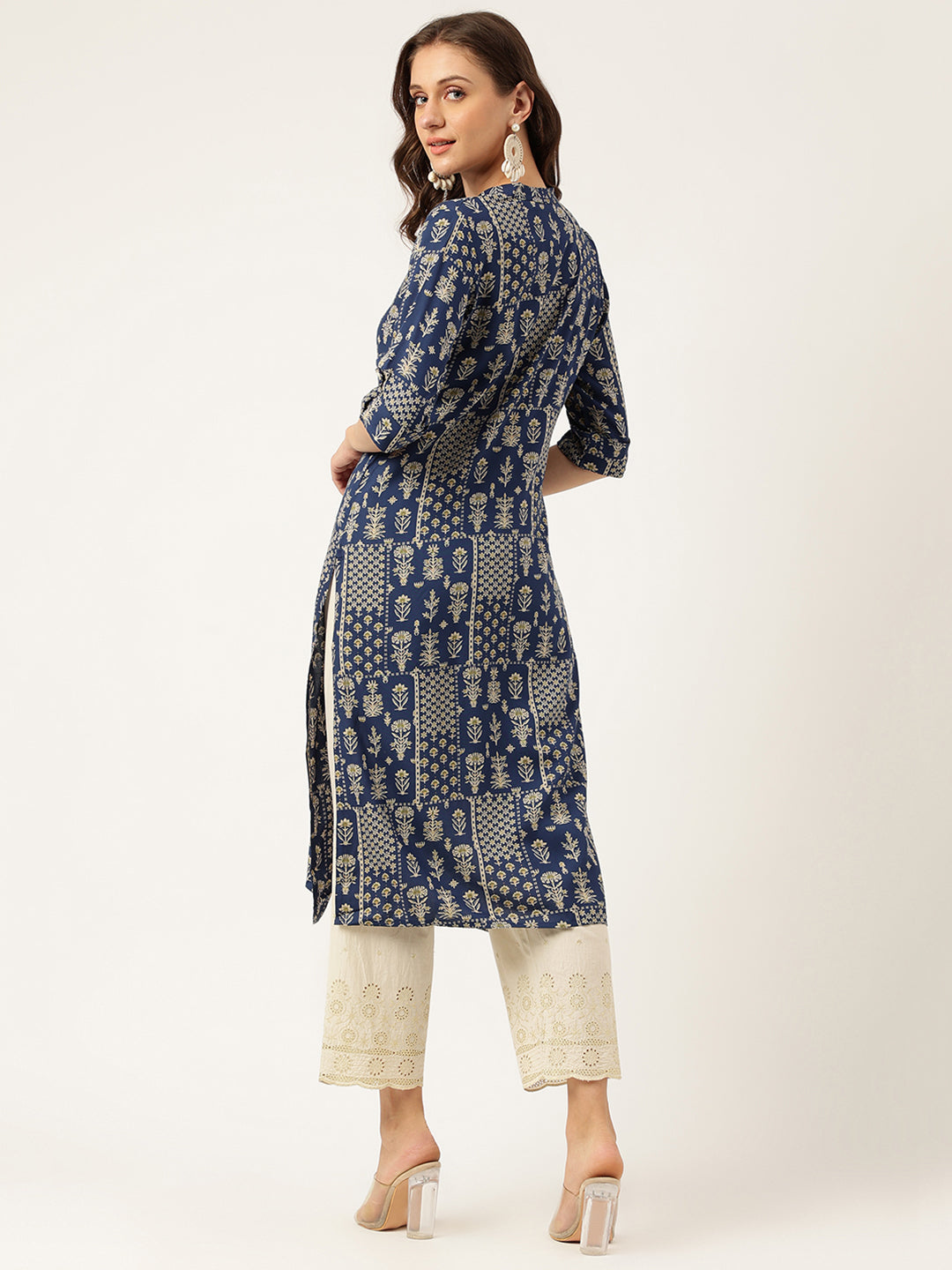 Divena Navy Floral Digital Printed Straight Fold Sleeve Kurta