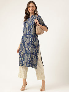 Divena Navy Floral Digital Printed Straight Fold Sleeve Kurta