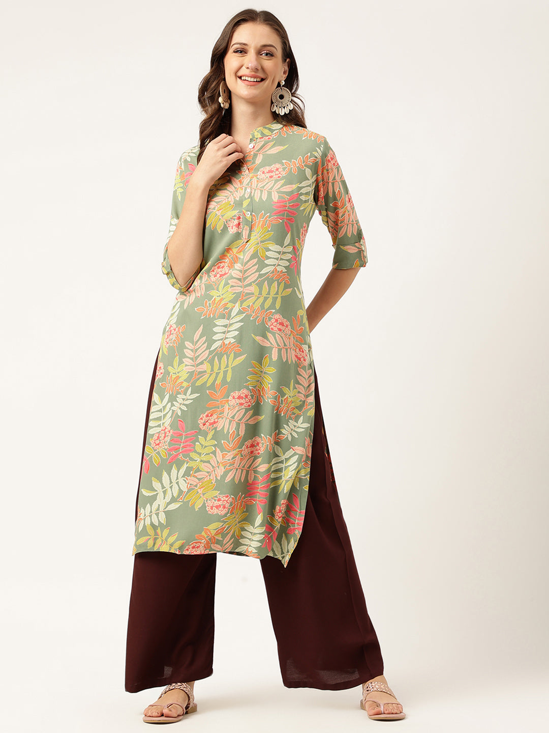 Green Floral Digital Printed Straight Fold Sleeve Kurta — view 1