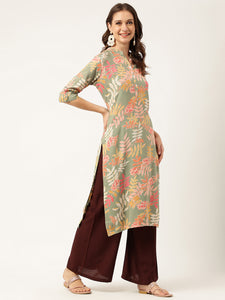 Divena Green Floral Digital Printed Straight Fold Sleeve Kurta