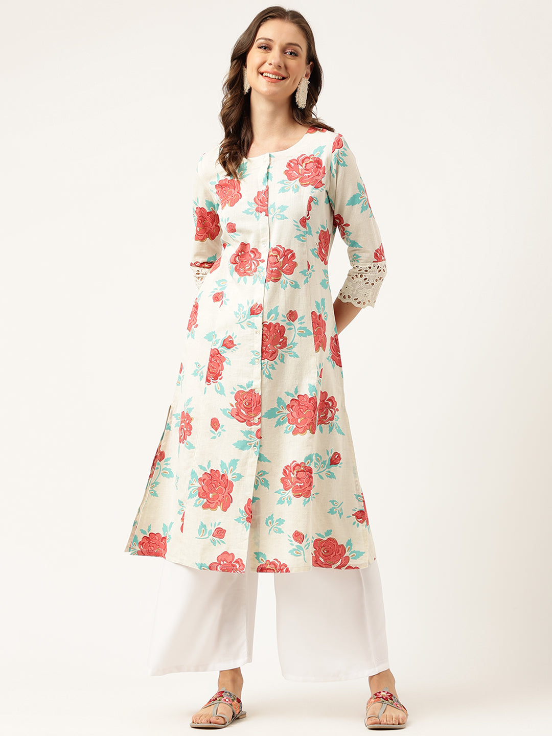 Cream Floral Printed Cotton A-Line Kurta — view 1