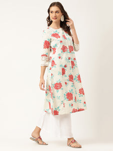 Divena Cream Floral Printed Cotton A-Line  Kurta