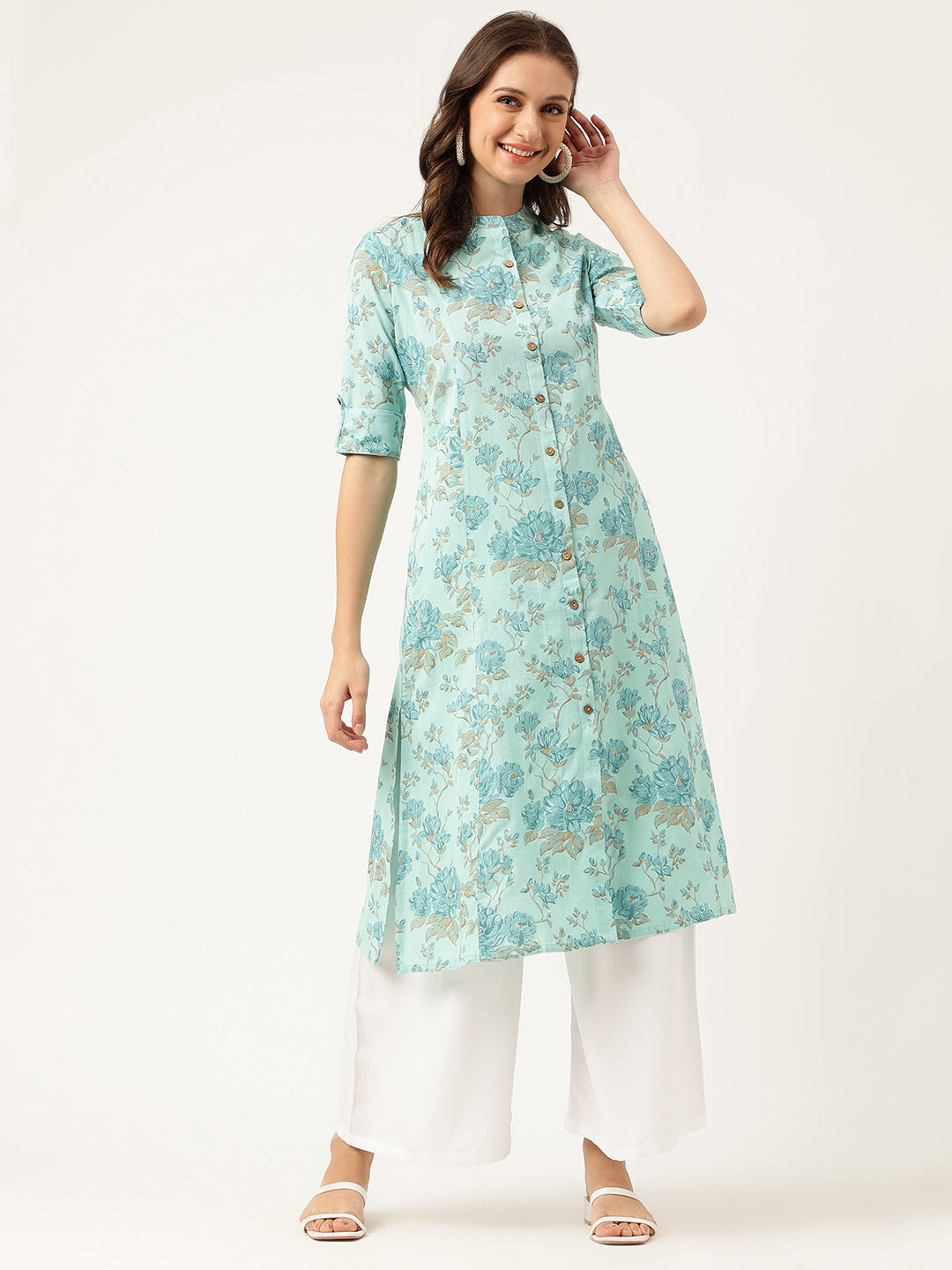 Sea Green Floral Printed Cotton A-Line Kurta — view 1