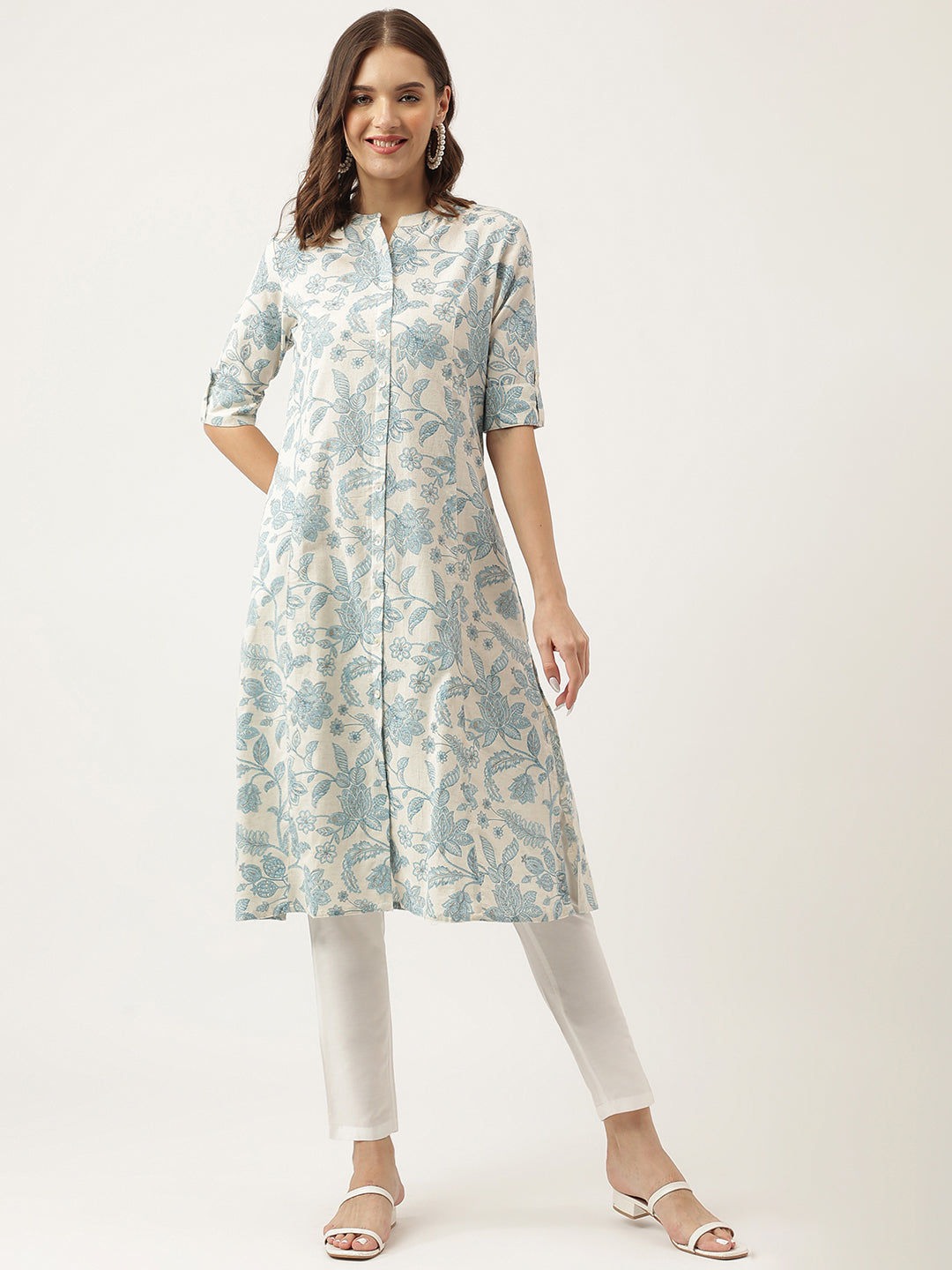 Sky blue Floral Printed Cotton A-Line Kurta — view 1