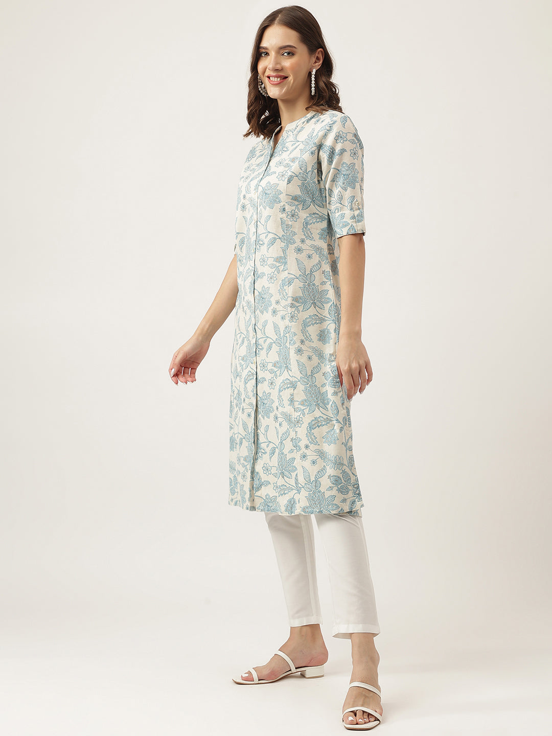 Divena Sky blue Floral Printed Cotton A-Line Kurta