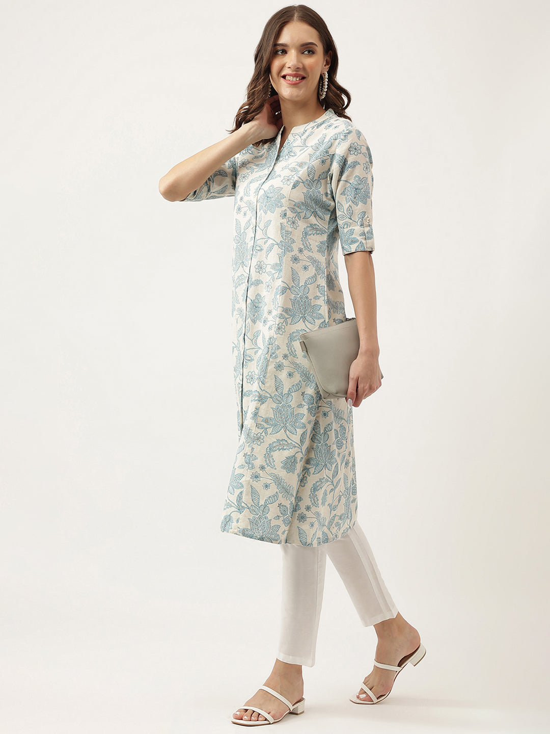 Divena Sky blue Floral Printed Cotton A-Line Kurta