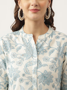 Divena Sky blue Floral Printed Cotton A-Line Kurta