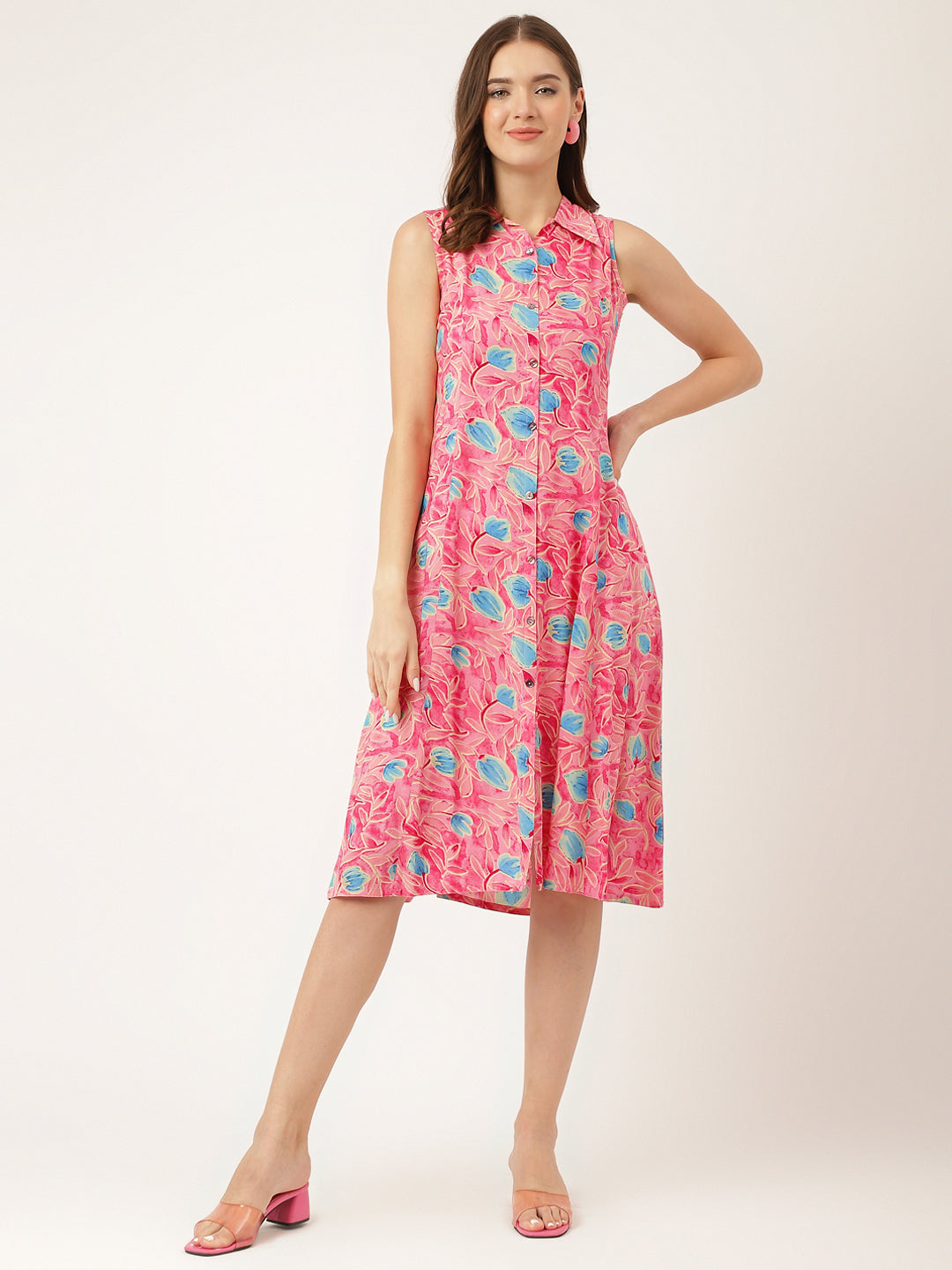 Divena Pink Floral Print Rayon A-Line Midi Dress with Attached Sleeves for Women