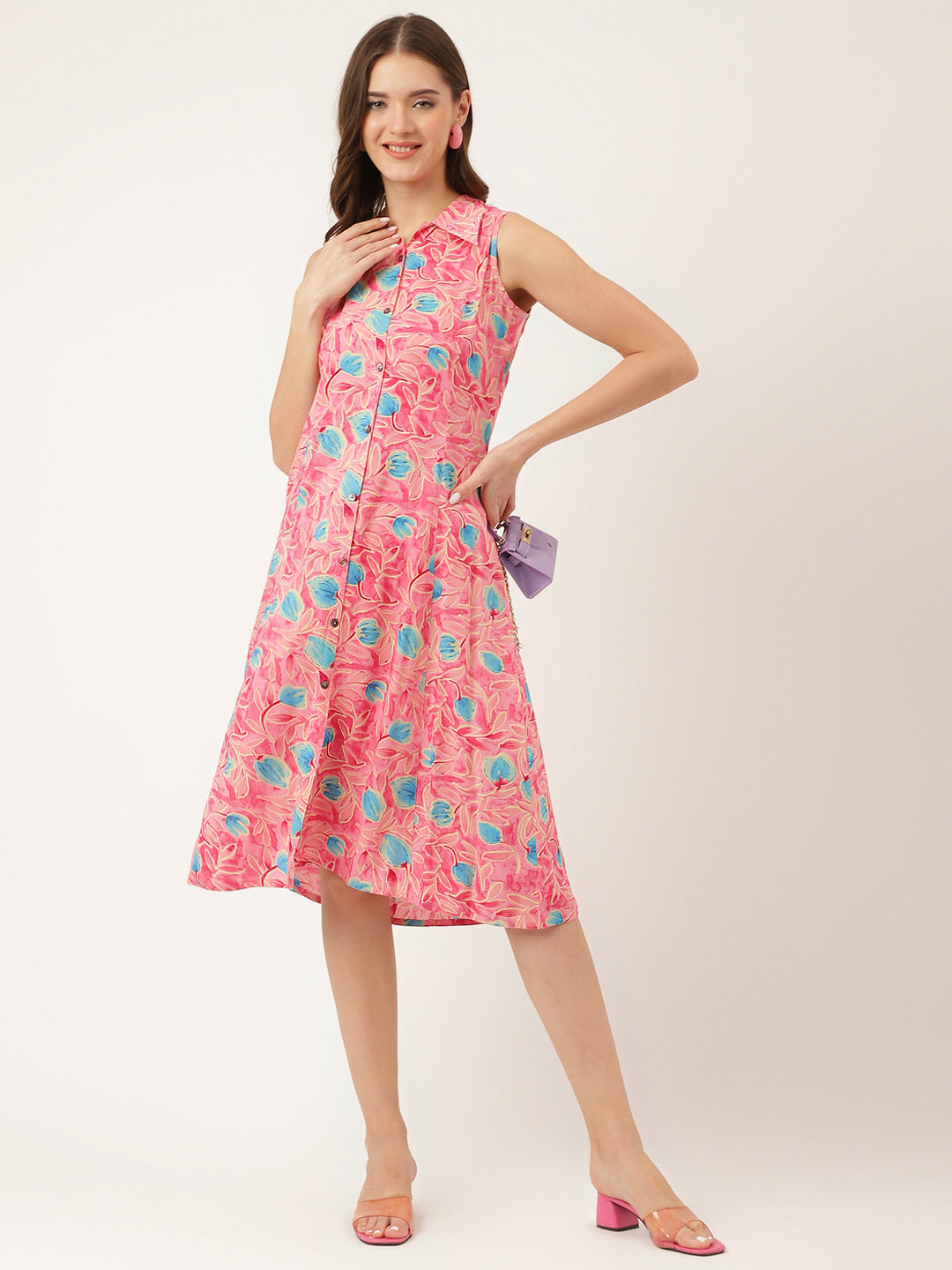 Divena Pink Floral Print Rayon A-Line Midi Dress with Attached Sleeves for Women