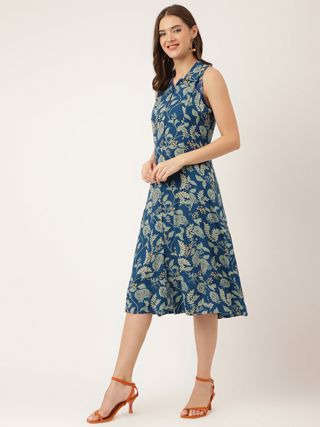 Divena Blue Floral Printed Rayon A-Line Midi Dress with Attached Sleeves for Women