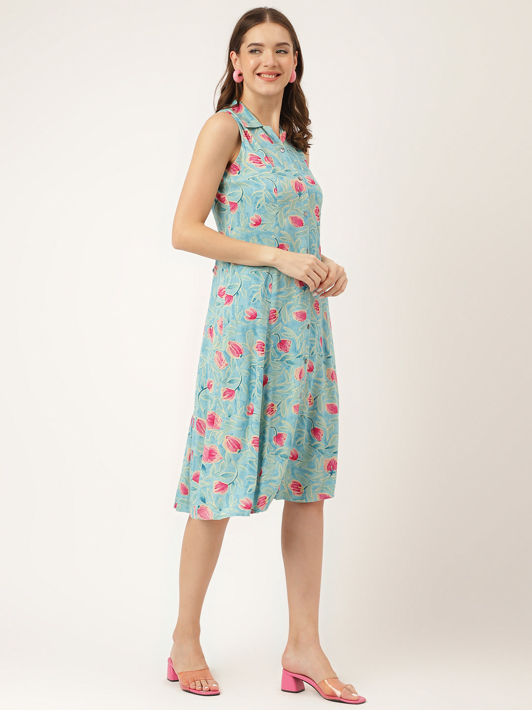 Divena Blue Floral Print Rayon A-Line Midi Dress with Attached Sleeves for Women