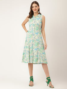 Divena Green Floral Print Rayon A-Line Midi Dress with Attached Sleeves for Women