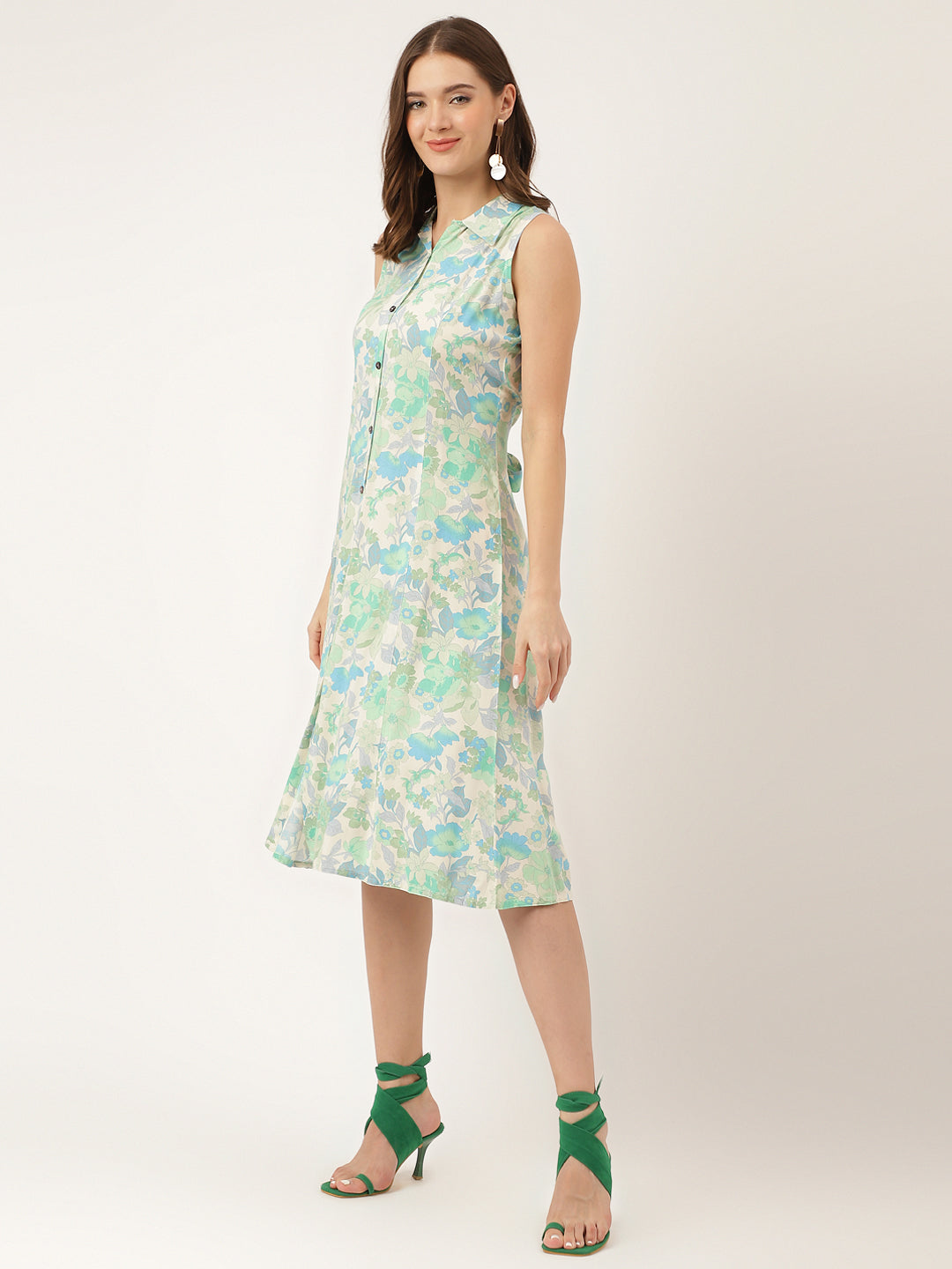 Divena Green Floral Print Rayon A-Line Midi Dress with Attached Sleeves for Women