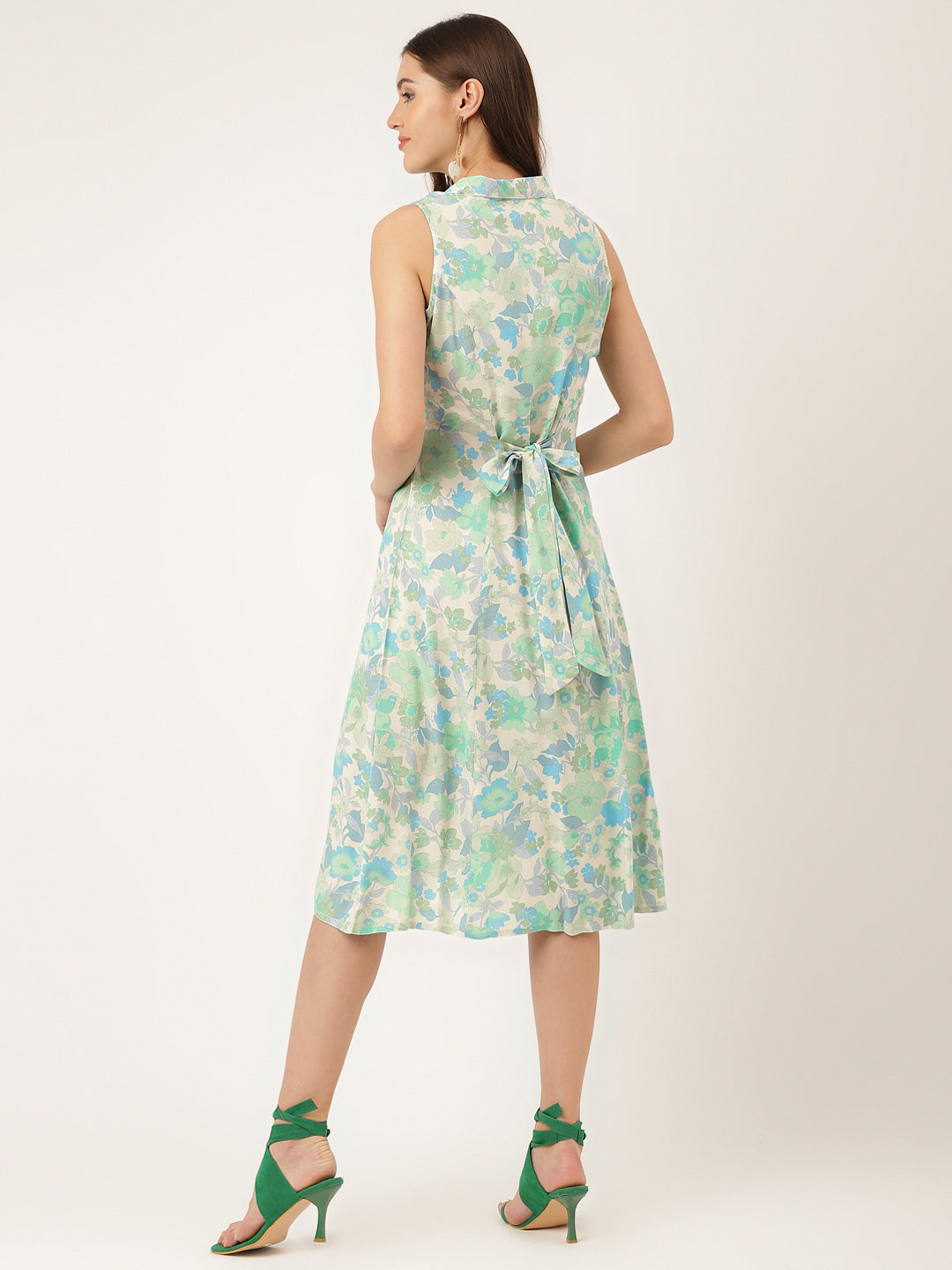 Divena Green Floral Print Rayon A-Line Midi Dress with Attached Sleeves for Women