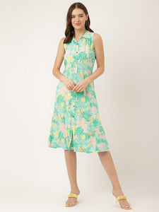 Divena Green Floral Printed Rayon A-Line Midi Dress with Attached Sleeves for Women