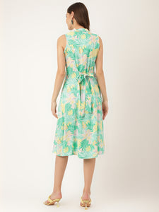 Divena Green Floral Printed Rayon A-Line Midi Dress with Attached Sleeves for Women
