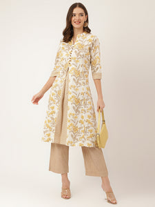 Divena Yellow Floral Print Cotton A-Line kurta