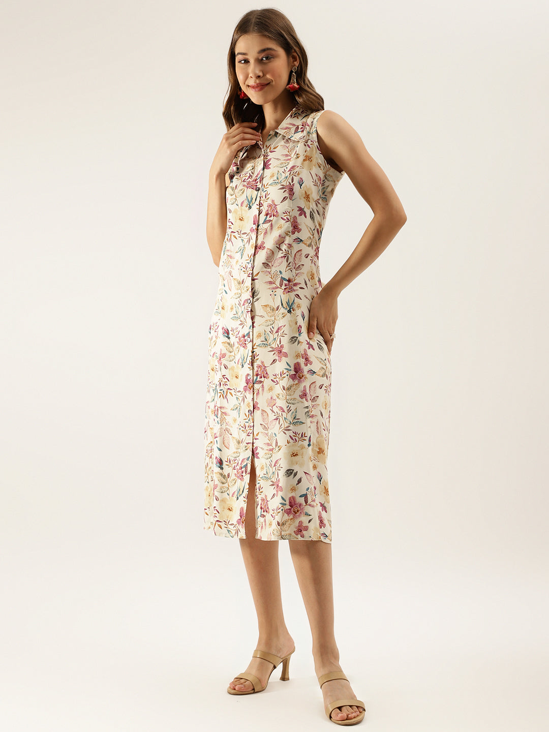 Cream Floral Printed Rayon Midi Dress with attached Sleeves