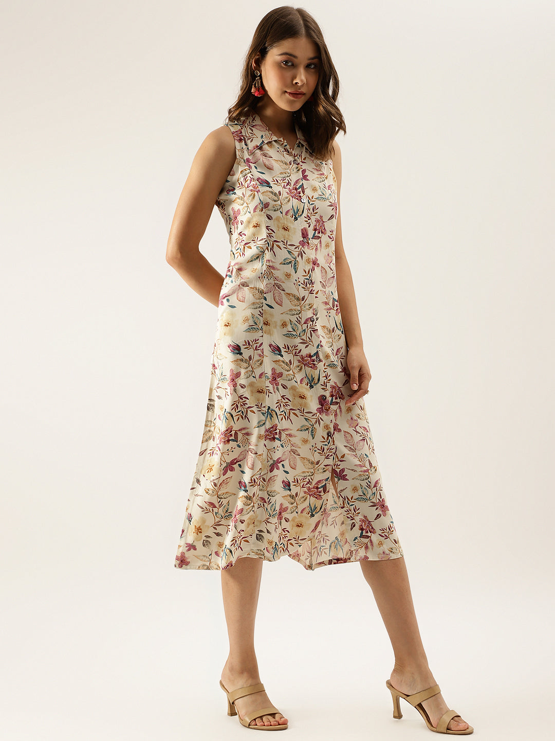 Cream Floral Printed Rayon Midi Dress with attached Sleeves