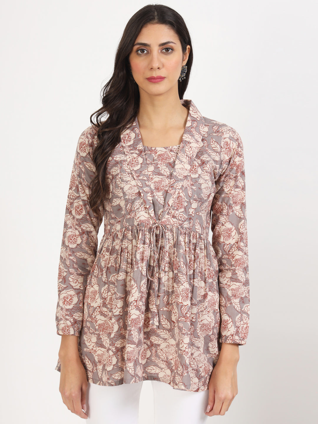 Grey Floral Printed Cotton Top — view 1