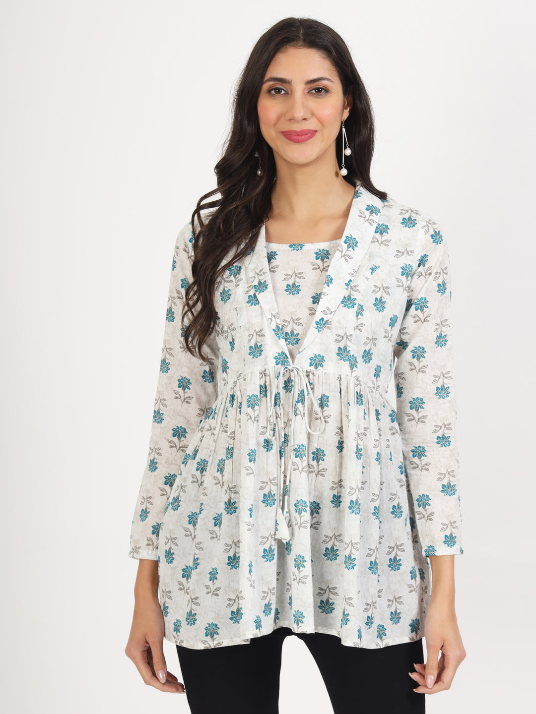 White Floral Printed Cotton Top — view 1