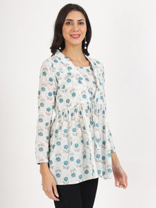 Divena White Floral Printed Cotton Top