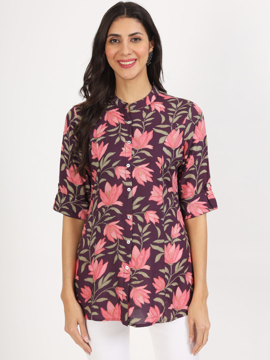 Purple Floral Printed Rayon Top — view 1