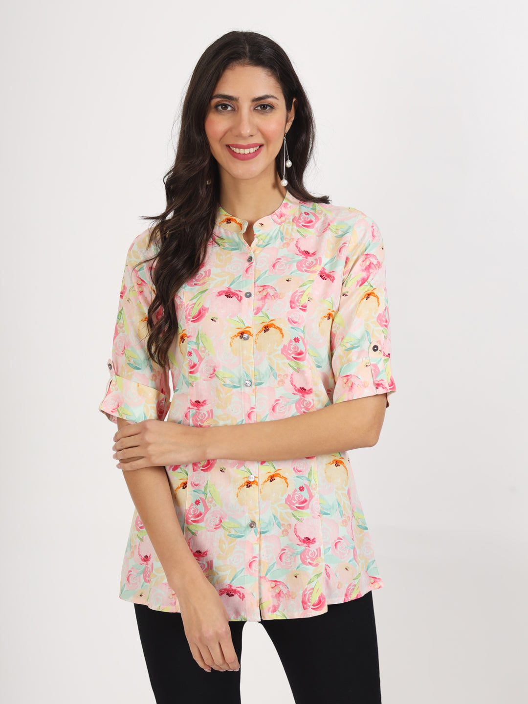 Green Floral Printed Rayon Top — view 1
