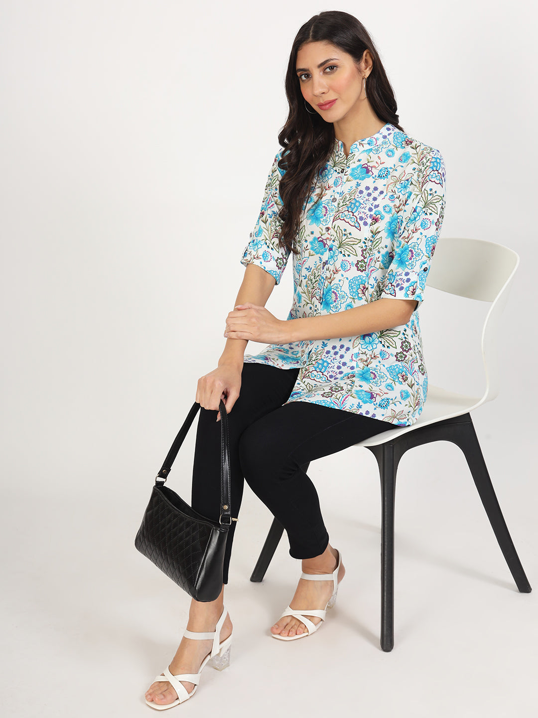 White Floral Printed Rayon Top — view 1