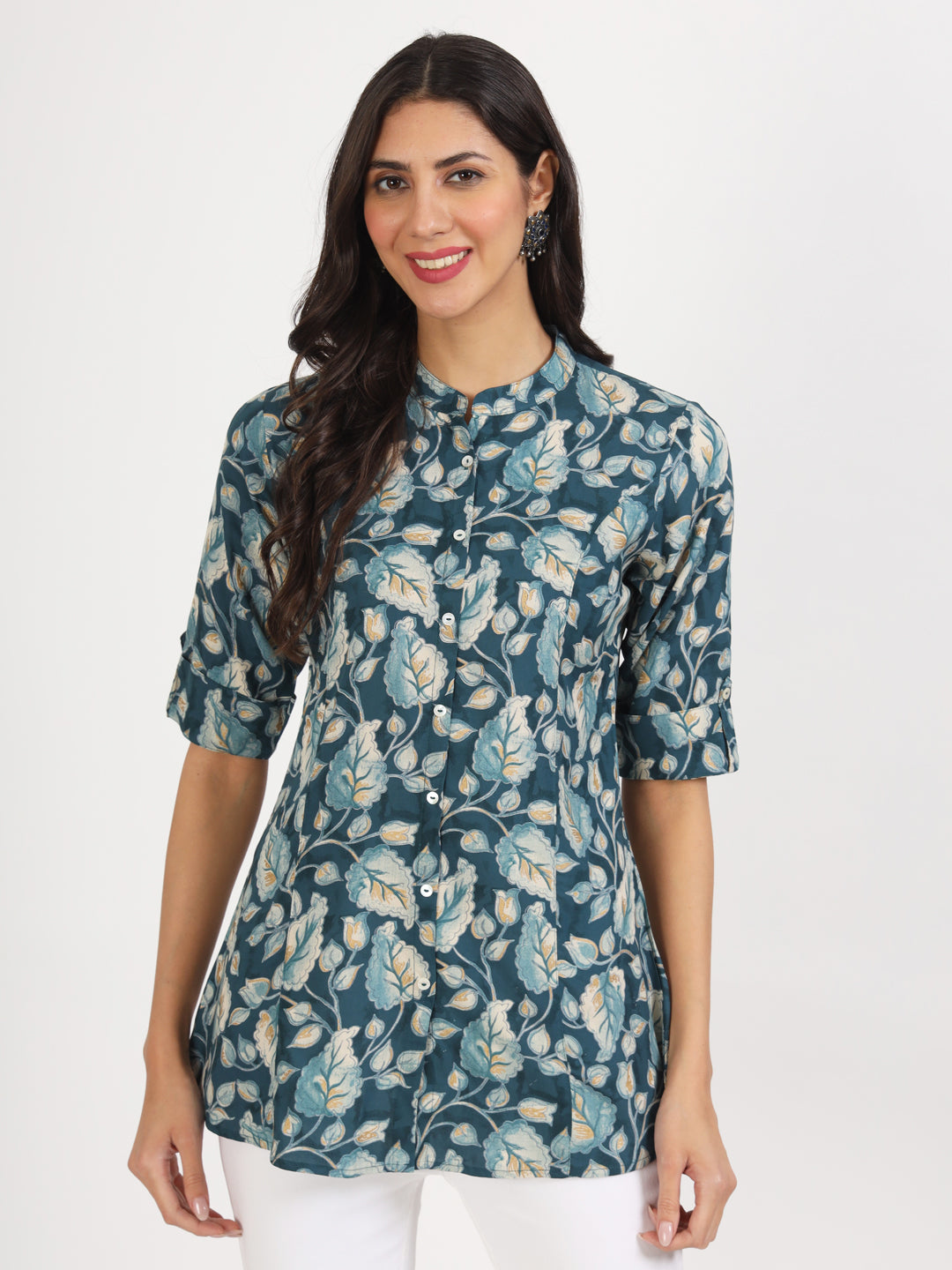 Bottle Green Floral Printed Rayon Top — view 1