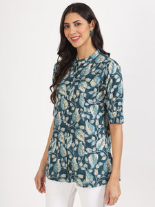 Divena Bottle Green Floral Printed Rayon Top