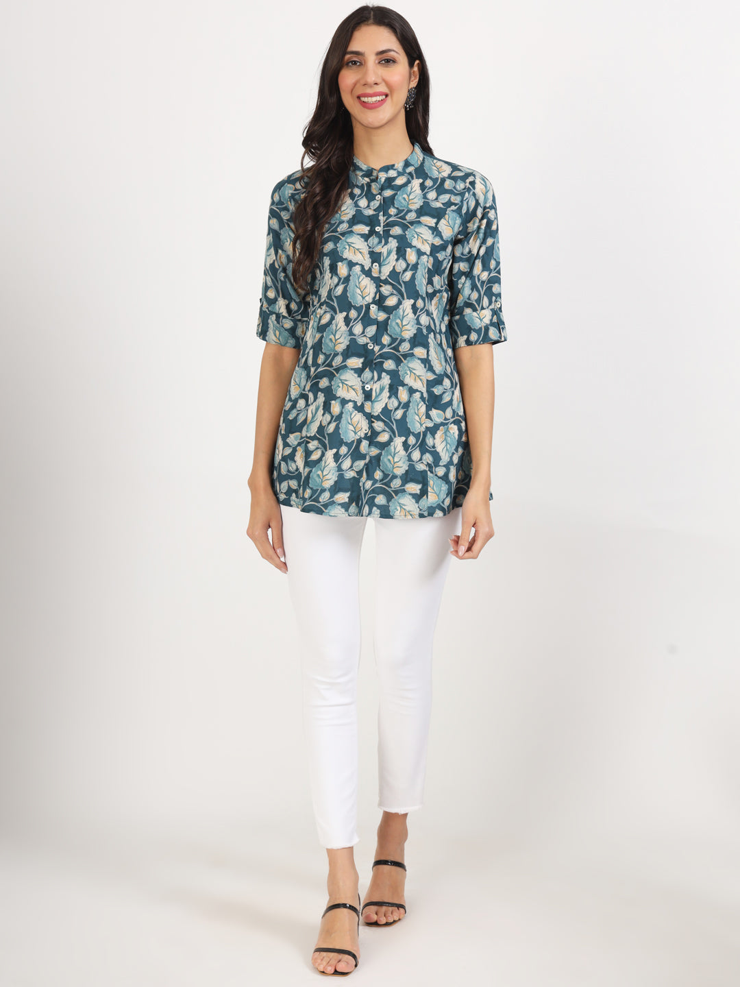 Divena Bottle Green Floral Printed Rayon Top